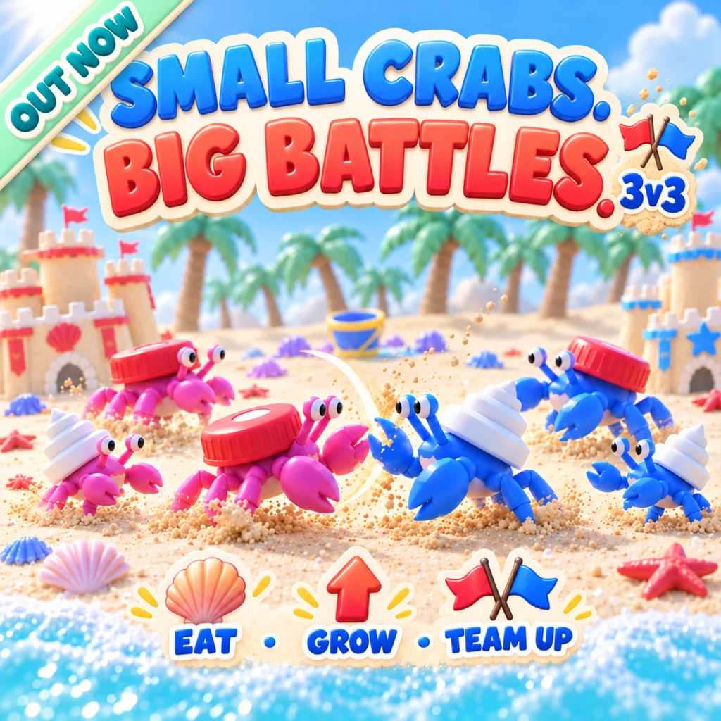 Hermit Crab promotional artwork: Out now. Small crabs. Big battles. Eat, grow, team up.