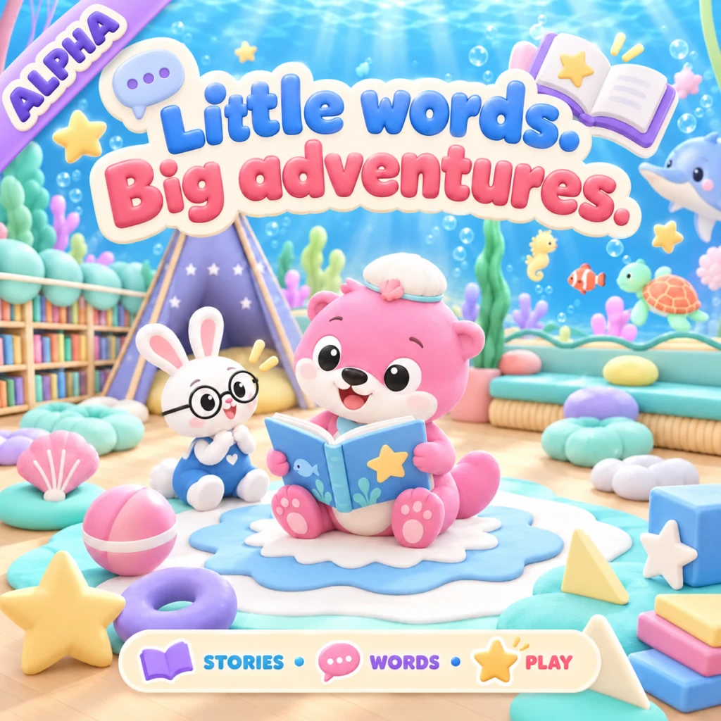 Shello Friends promotional artwork: Alpha available. Little words. Big adventures. Stories, words, play.